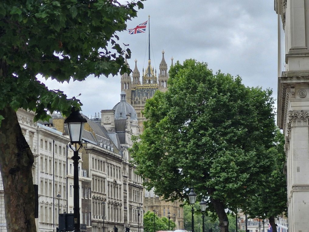 Union Jack flag flies atop a Gothic spired tower partly hidden behind leafy trees; historic buildings and black street lamps line the tree‑lined London street under a grey, overcast sky.